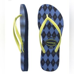 Havaianas slim flip flops, yellow  and navy argyle. Size 6 (37-38)